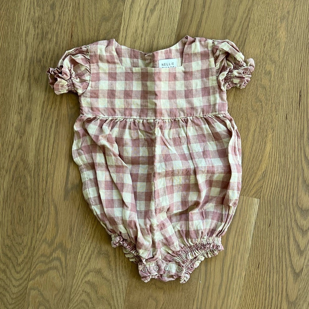 Nellie Quats Marbles Romper in Rose Check Linen - Size 12-18M